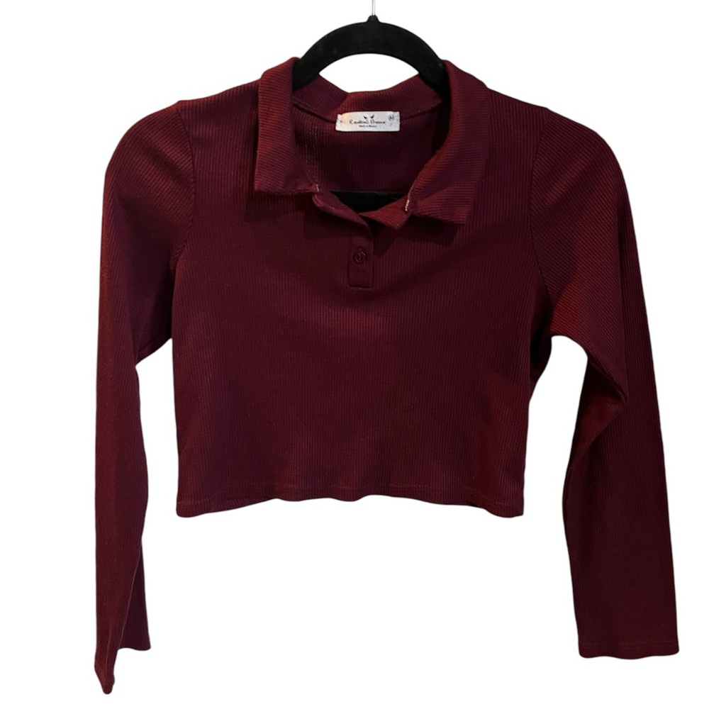 Maroon Long Sleeve crop top with collar